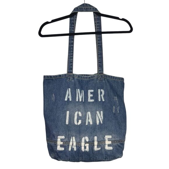 American Eagle Denim Jean Tote Bag Purse Distressed Shopping Beach Travel - Picture 1 of 7